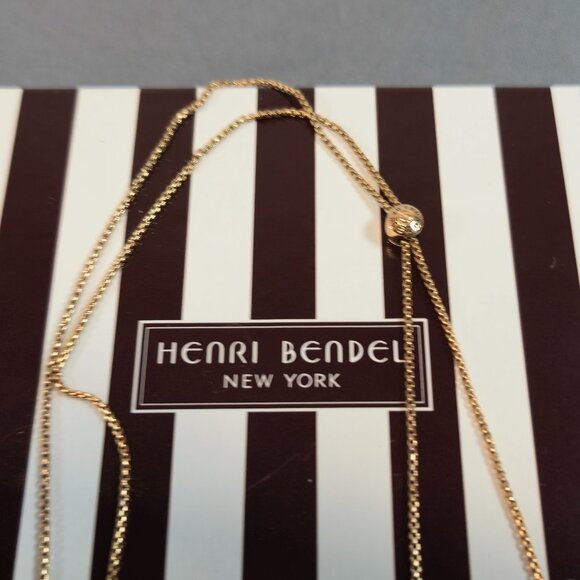 Henry Bendel Gold Tone Lariat Necklace w/ Crystal Pendant | Adjustable - Picture 6 of 10